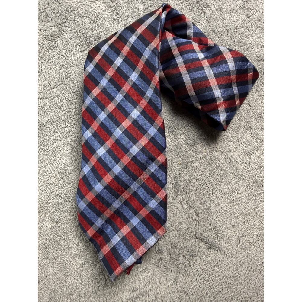 Chaps Slim Silk Necktie Mens Red Navy Blue Plaid Check Hand Made Accessory
